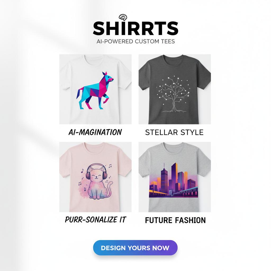 [IMAGE: a finished shirt mockup, or the grid of four generated designs]