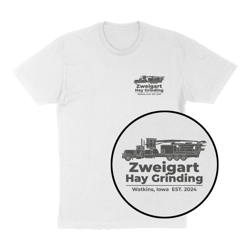 Custom t-shirt: "Zweigart Hay Grinding", Left Chest print, white shirt
