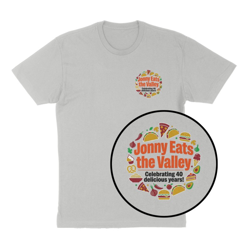 Custom t-shirt: "Jonny Eats the Valley", Left Chest print, heather-gray shirt