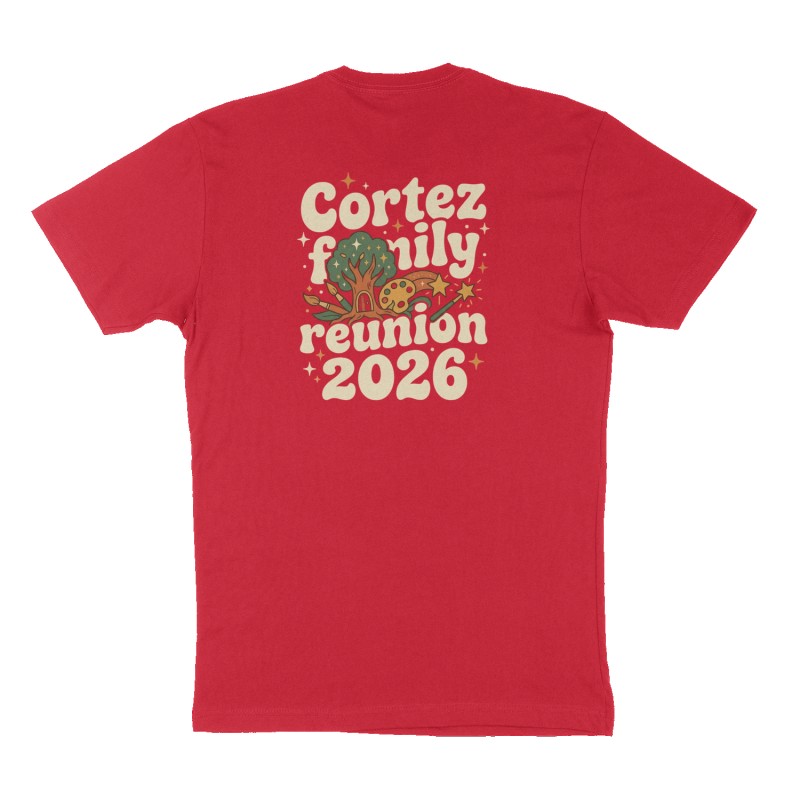 Custom t-shirt: "Cortez family reunion 2026", Back print, red shirt
