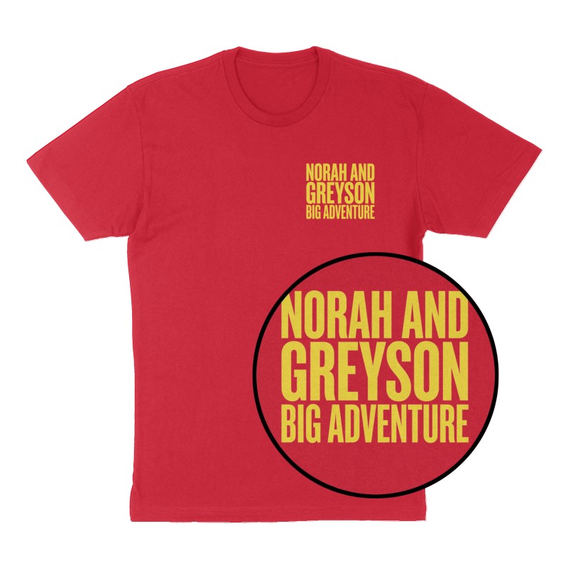 Custom t-shirt: "Norah and Greyson big adventure", Left Chest print, red shirt