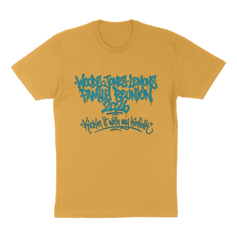 Custom t-shirt: "WOODS-JONES-LEMONS FAMILY REUNION 2026", Front print, mustard-yellow shirt
