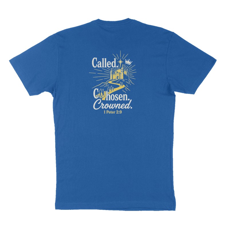 Custom t-shirt: "Called. Chosen. Crowned.", Back print, royal-blue shirt