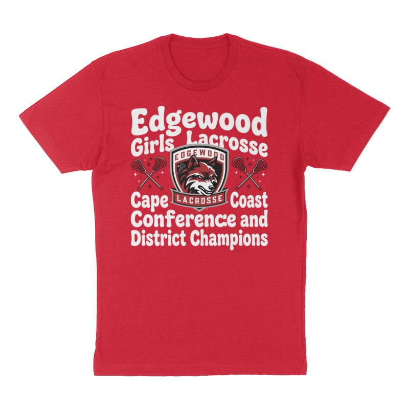 Custom t-shirt: "Edgewood Girls Lacrosse Cape Coast Conference and District  Champions", Front print, red shirt