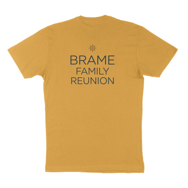 Custom t-shirt: "Brame Family Reunion", Back print, mustard-yellow shirt