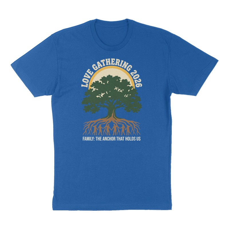 Custom t-shirt: "Love Gathering 2026", royal-blue shirt
