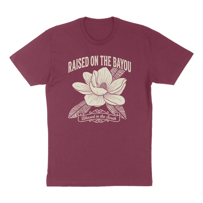 Custom t-shirt: "RAISED ON THE BAYOU", Front print, maroon shirt