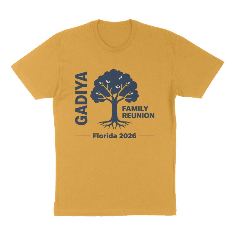 Custom t-shirt: "Gadiya Family Reunion", mustard-yellow shirt