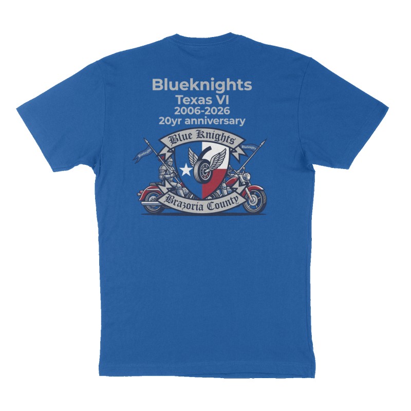 Custom t-shirt: "Blueknights Texas VI 2006-2026 20yr anniversary ", Back print, royal-blue shirt
