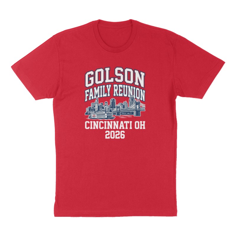 Custom t-shirt: "Golson Family Reunion Cincinnati OH 2026", Front print, red shirt