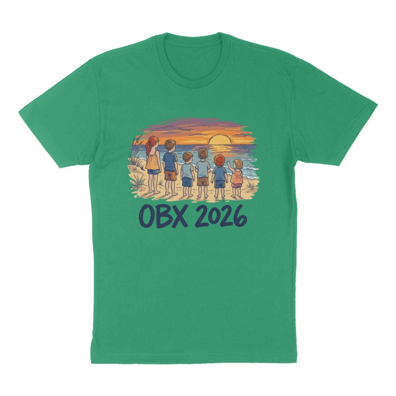 Custom t-shirt: "OBX 2026", Front print, green shirt
