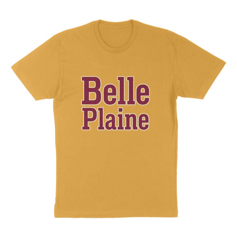Custom t-shirt: "Belle Plaine", Front print, mustard-yellow shirt