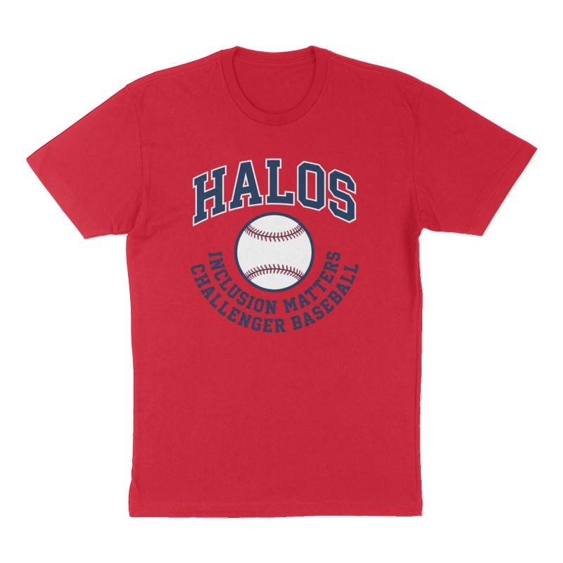 Custom t-shirt: "HALOS", Front print, red shirt