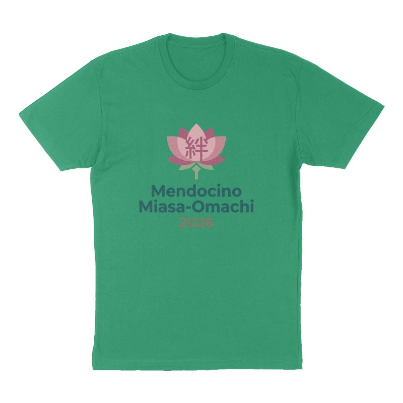 Custom t-shirt: "Mendocino Miasa-Omachi", Front print, green shirt