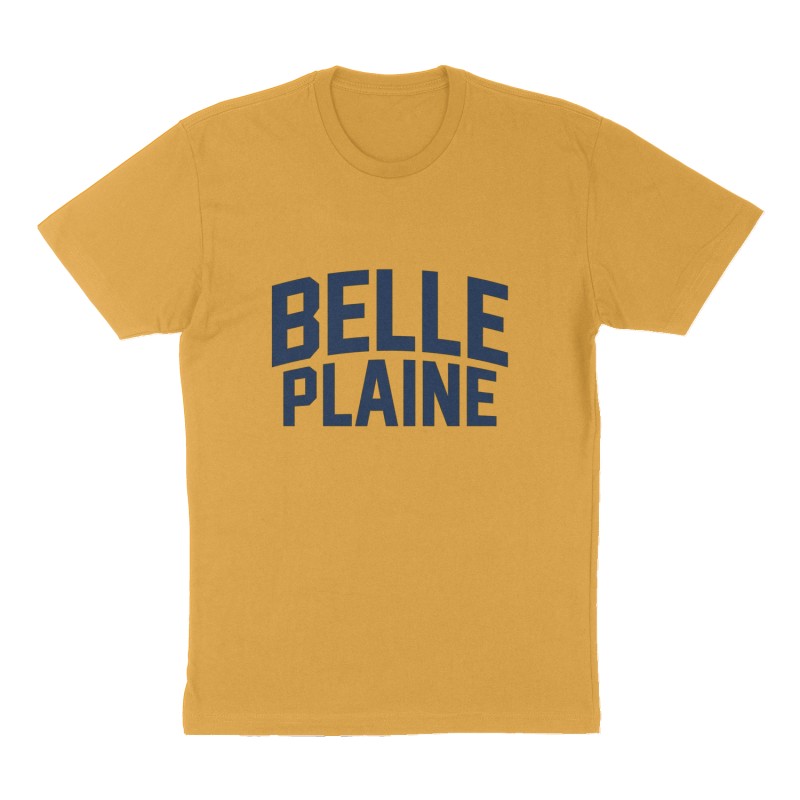 Custom t-shirt: "Belle Plaine", Front print, mustard-yellow shirt