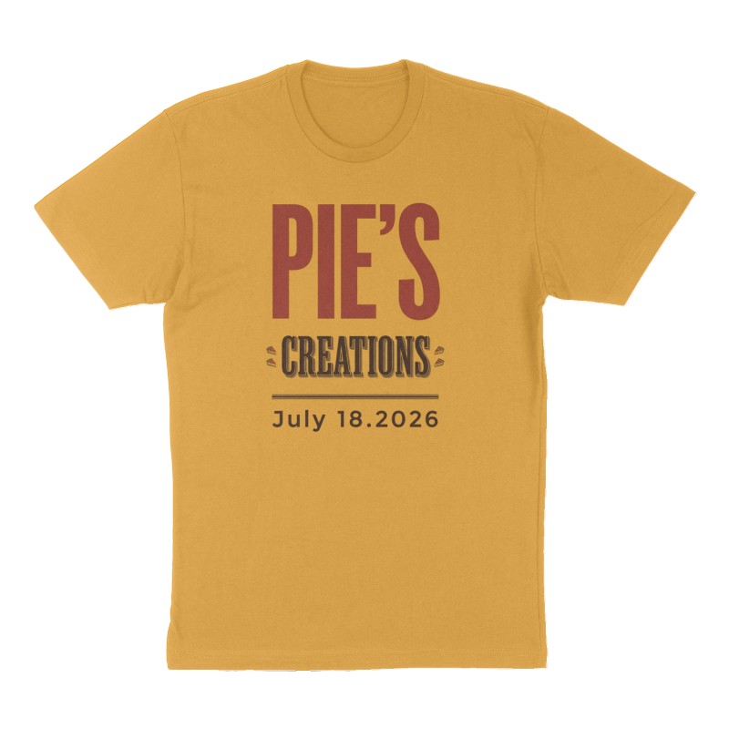 Custom t-shirt: "Pie’s Creations", mustard-yellow shirt