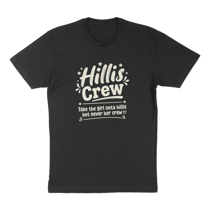 Custom t-shirt: "Hillis Crew", Front print, black shirt