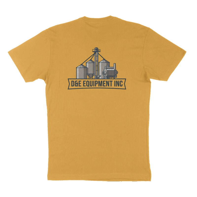 Custom t-shirt: "D&E Equipment Inc", Back print, mustard-yellow shirt