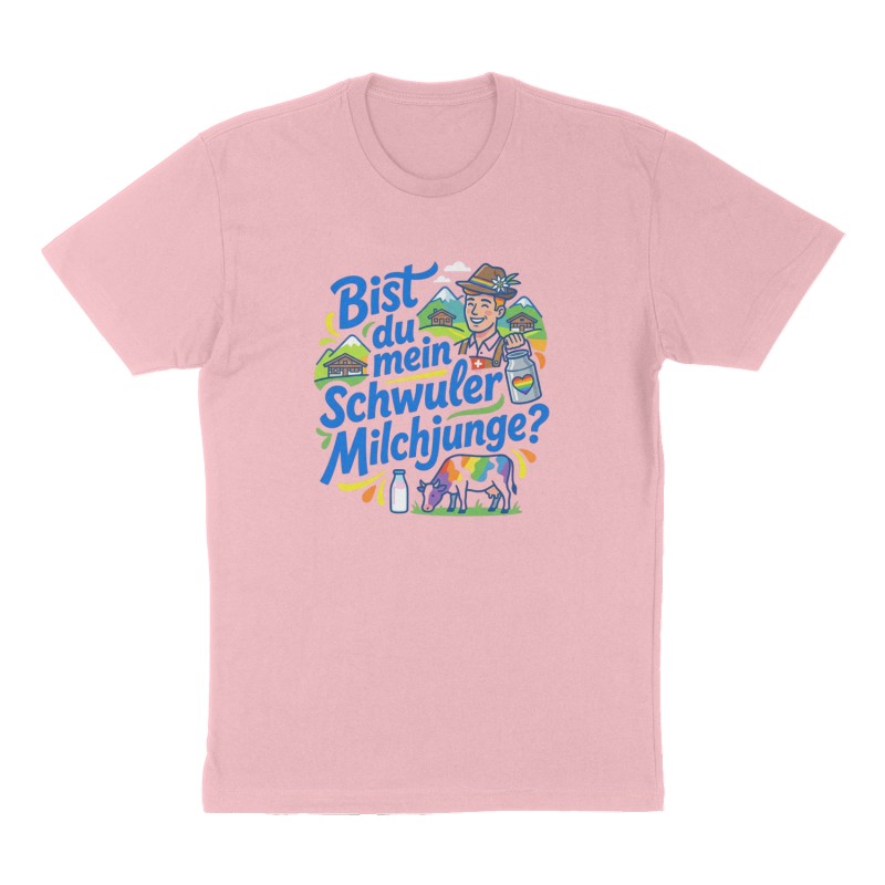 Custom t-shirt: "Bist du mein schwuler Milchjunge?", Front print, pink shirt