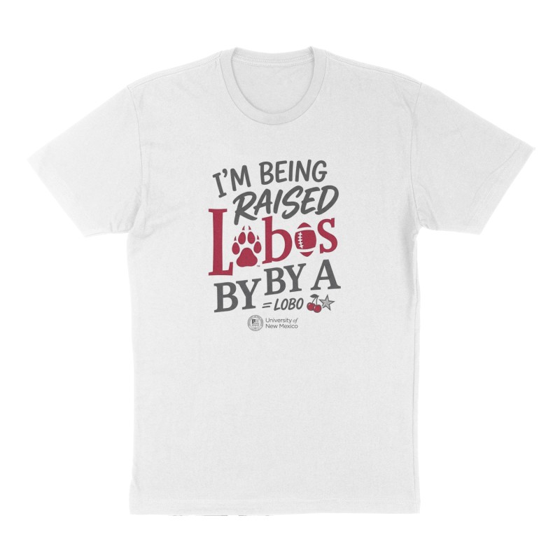Custom t-shirt: "I'm being raised by a lobo", Front print, white shirt