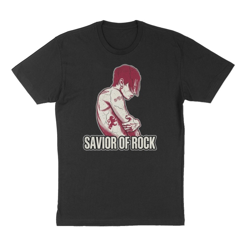 Custom t-shirt: "SAVIOR OF ROCK", Front print, black shirt
