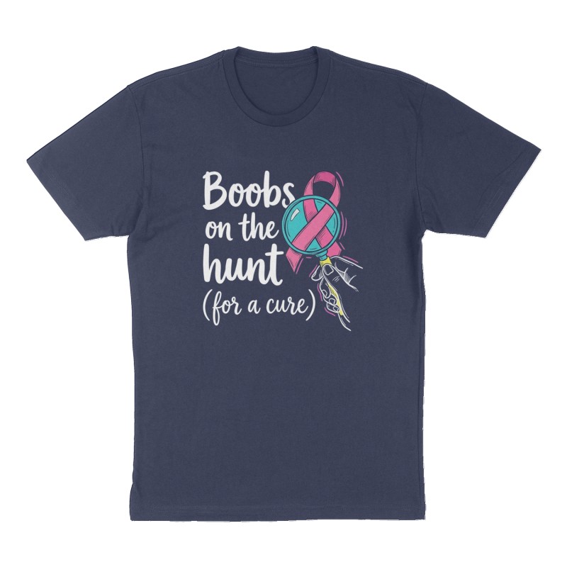 Custom t-shirt: "Boobs on the hunt (for a cure)", Front print, navy shirt