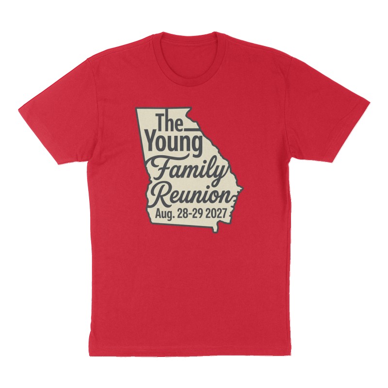 Custom t-shirt: "The Young Family Reunion Aug. 28-29 2027", Front print, red shirt