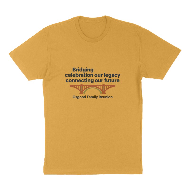 Custom t-shirt: "Bridging celebration our legacy connecting our future", Front print, mustard-yellow shirt