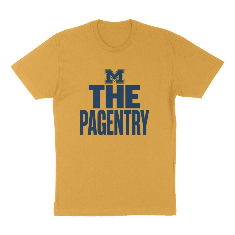 Custom t-shirt: "The Pagentry", Front print, mustard-yellow shirt