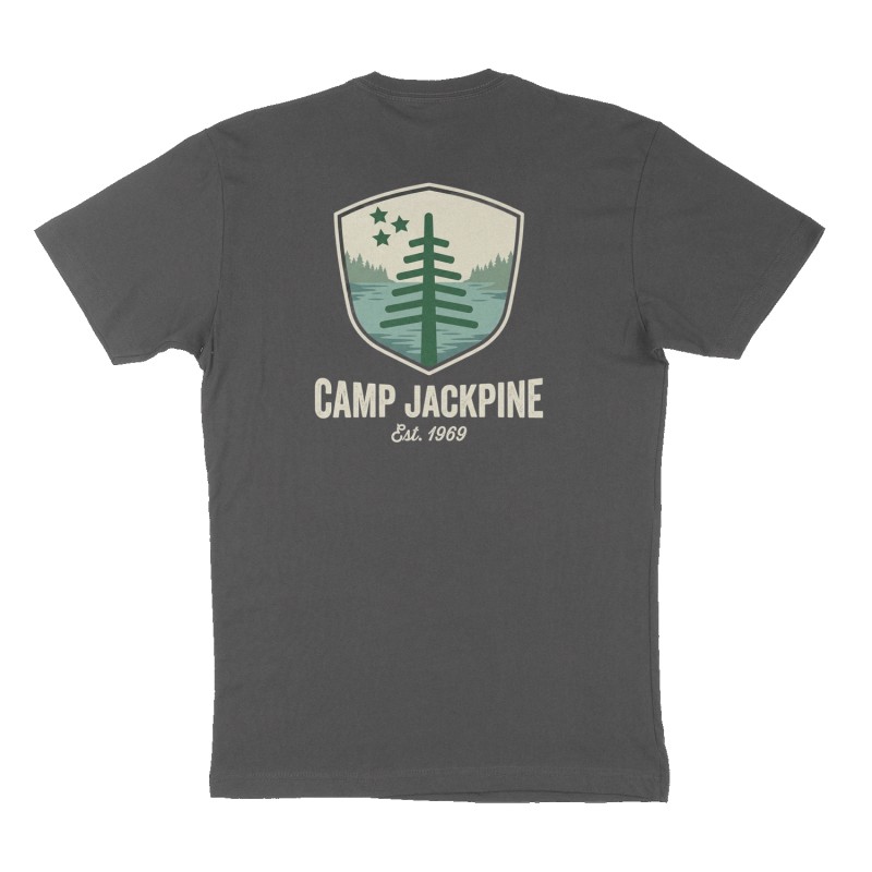 Custom t-shirt: "Camp Jackpine", Back print, charcoal shirt