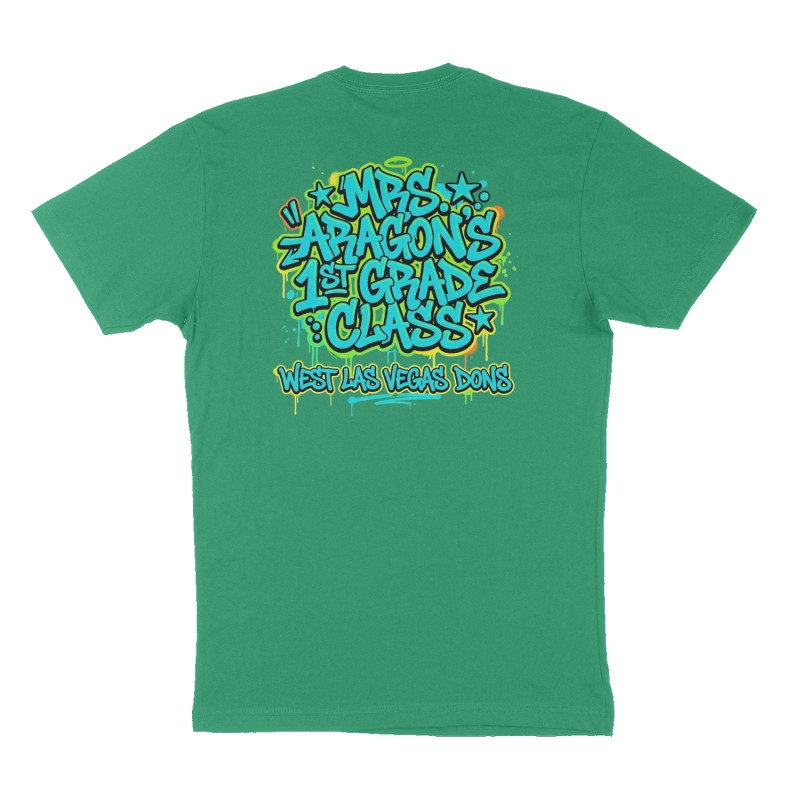 Custom t-shirt: "Mrs. Aragon's 1st grade class", Back print, green shirt