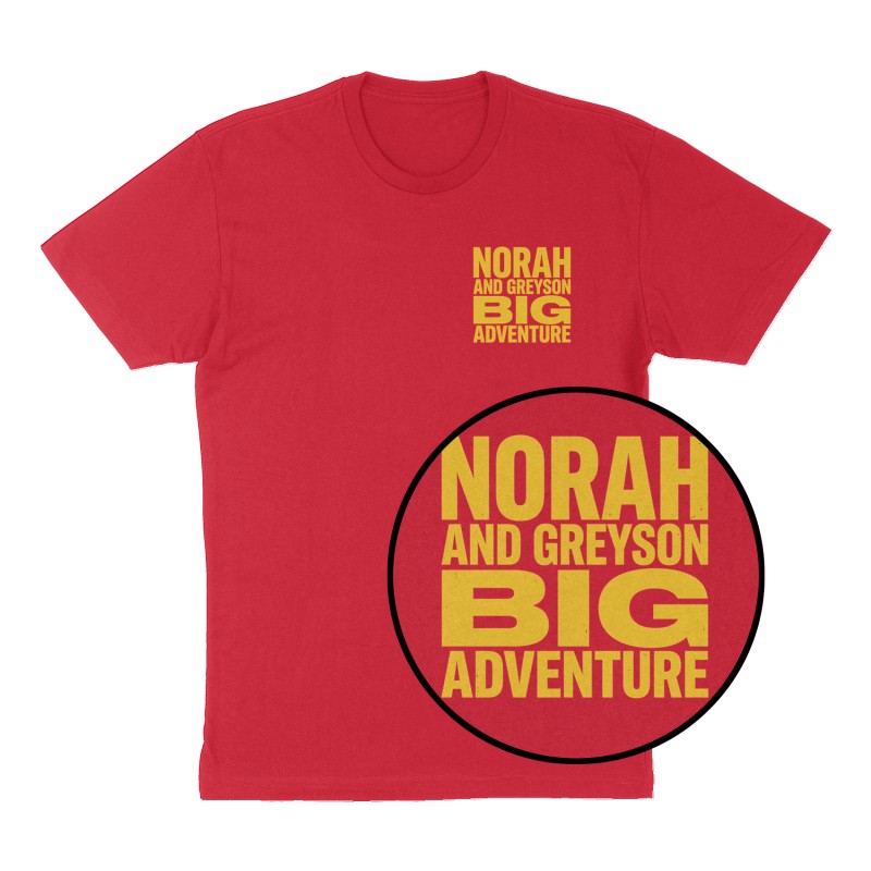 Custom t-shirt: "Norah and Greyson big adventure", Left Chest print, red shirt