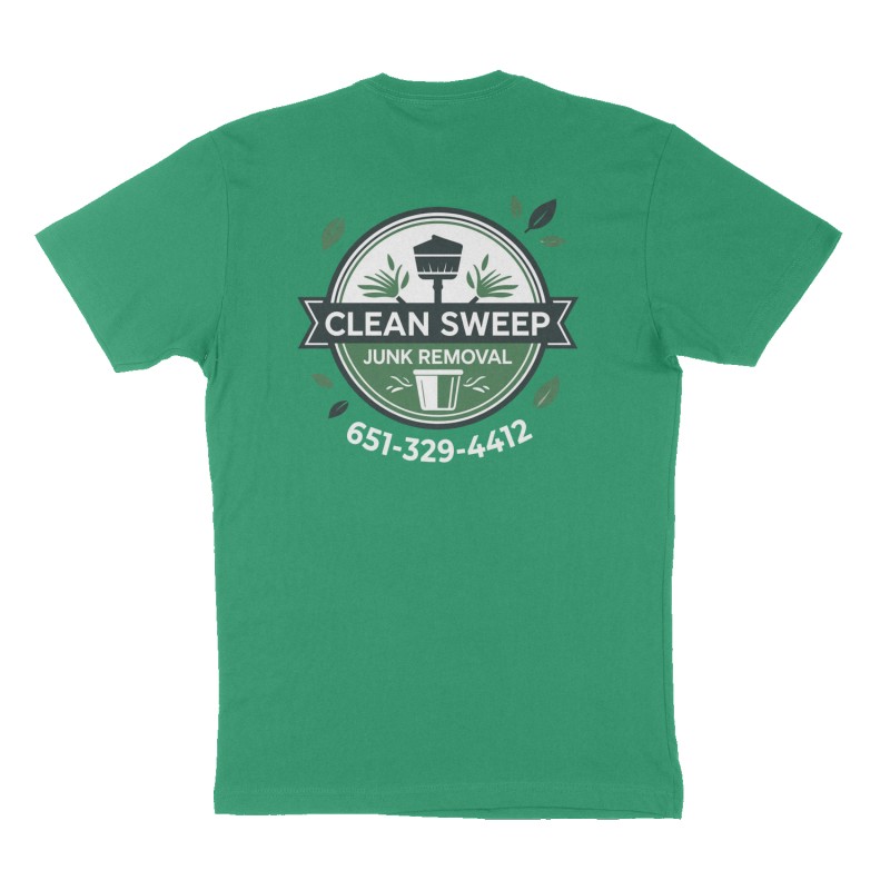 Custom t-shirt: "Clean Sweep Junk Romoval", Back print, green shirt