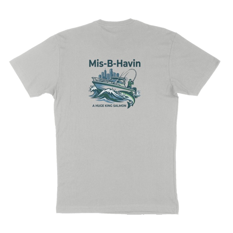 Custom t-shirt: "Mis-B-Havin", Back print, heather-gray shirt