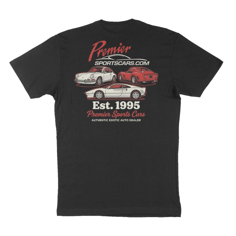 Custom t-shirt: "Premier Sports Cars", Back print, black shirt