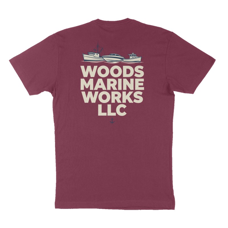 Custom t-shirt: "Woods Marine Works LLC", Back print, maroon shirt