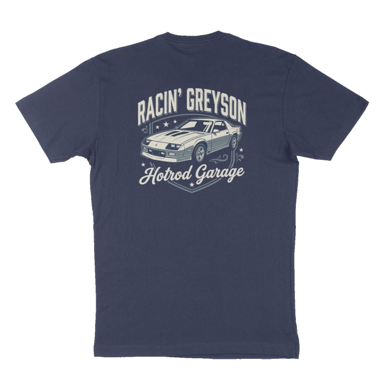 Custom t-shirt: "Racin’ Greyson", Back print, navy shirt