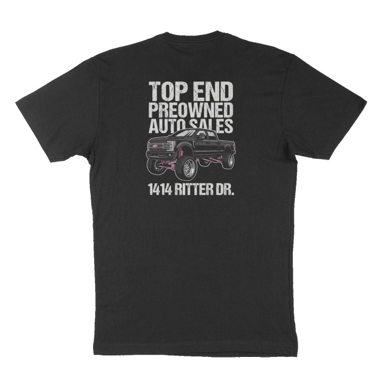 Custom t-shirt: "Top End Preowned Auto Sales", Back print, black shirt