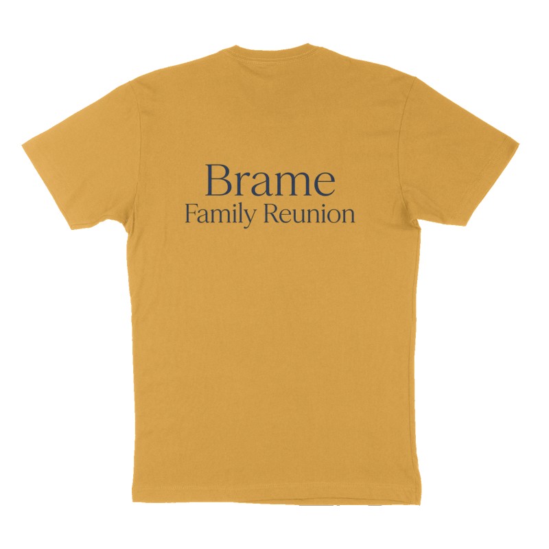 Custom t-shirt: "Brame Family Reunion", Back print, mustard-yellow shirt