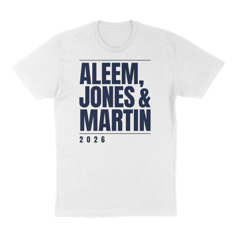 Custom t-shirt: "Aleem, Jones& Martin", white shirt