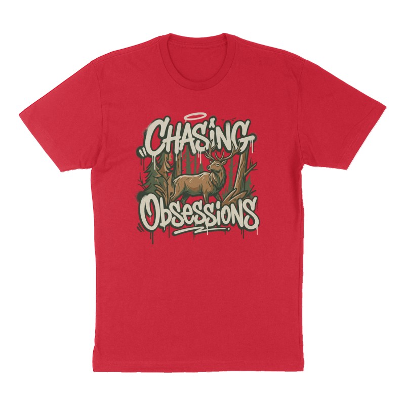 Custom t-shirt: "Chasing Obsessions ", Front print, red shirt