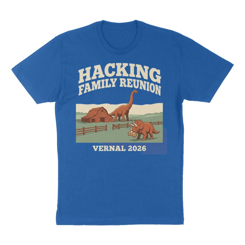 Custom t-shirt: "Hacking Family Reunion", royal-blue shirt