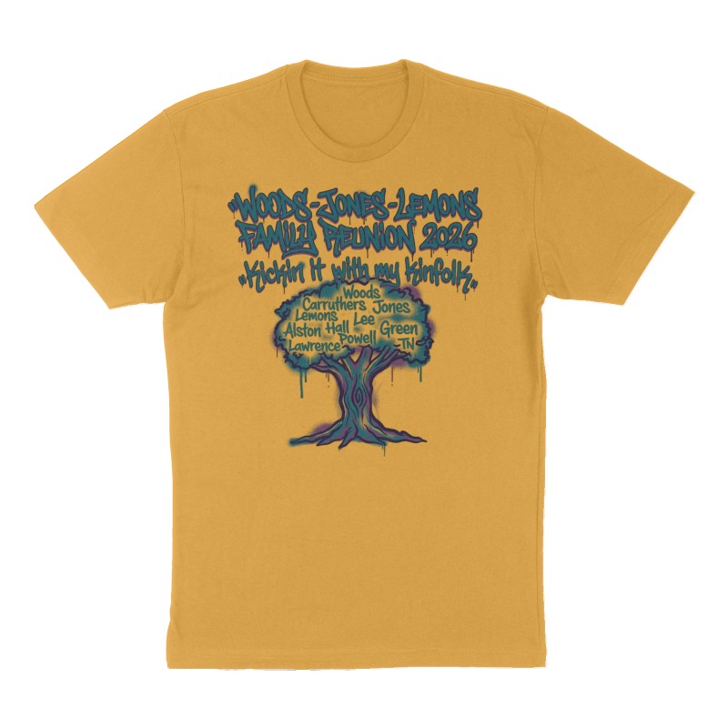 Custom t-shirt: "WOODS-JONES-LEMONS FAMILY REUNION 2026", Front print, mustard-yellow shirt