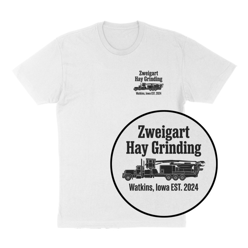 Custom t-shirt: "Zweigart Hay Grinding", Left Chest print, white shirt