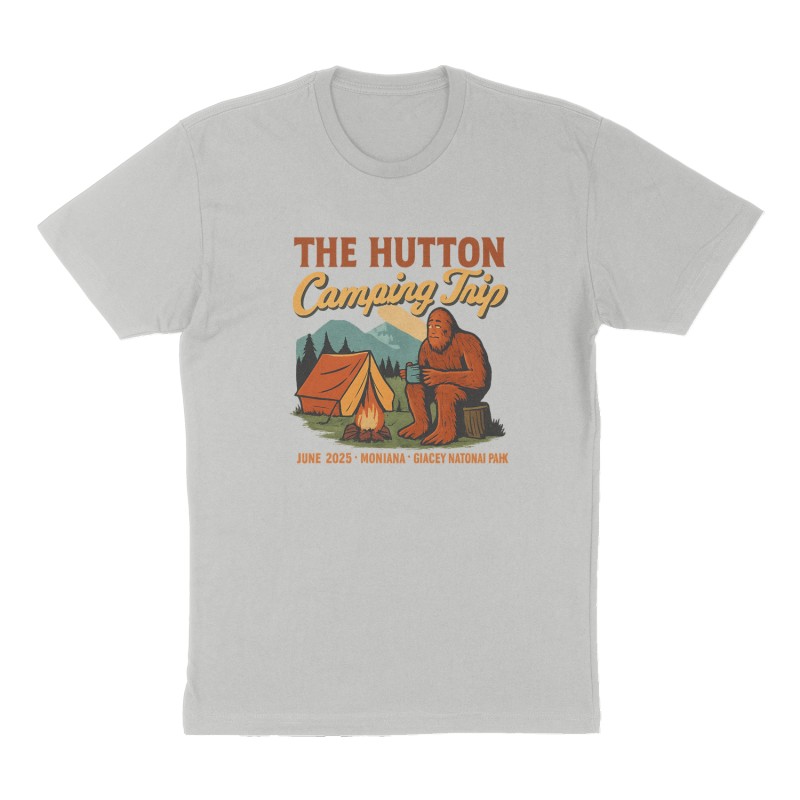 Custom t-shirt: "The Hutton Camping Trip", Front print, heather-gray shirt