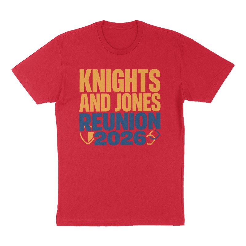 Custom t-shirt: "Knights and Jones Reunion 2026", Front print, red shirt