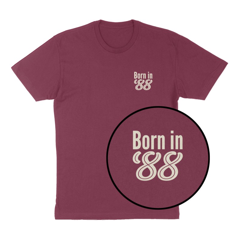 Custom t-shirt: "Born in 88", Left Chest print, maroon shirt