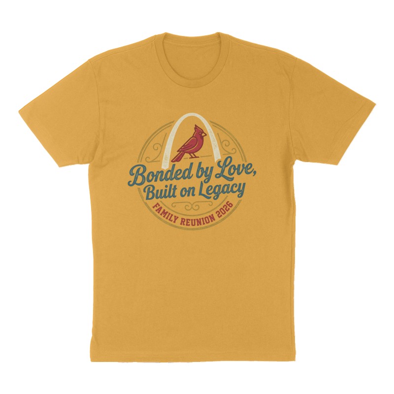 Custom t-shirt: "Bonded by Love, Built on Legacy", Front print, mustard-yellow shirt