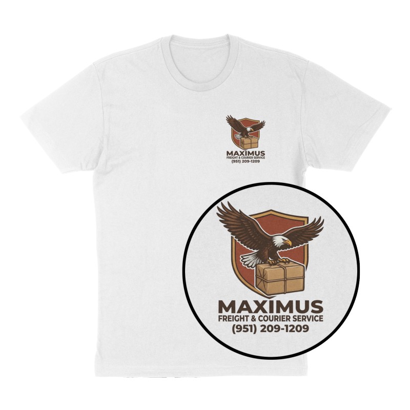 Custom t-shirt: "Maximus Freight & Courier Service ", Left Chest print, white shirt