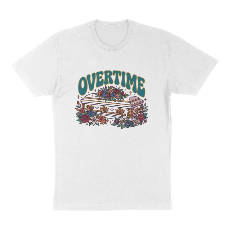 Custom t-shirt: "OVERTIME", Front print, white shirt